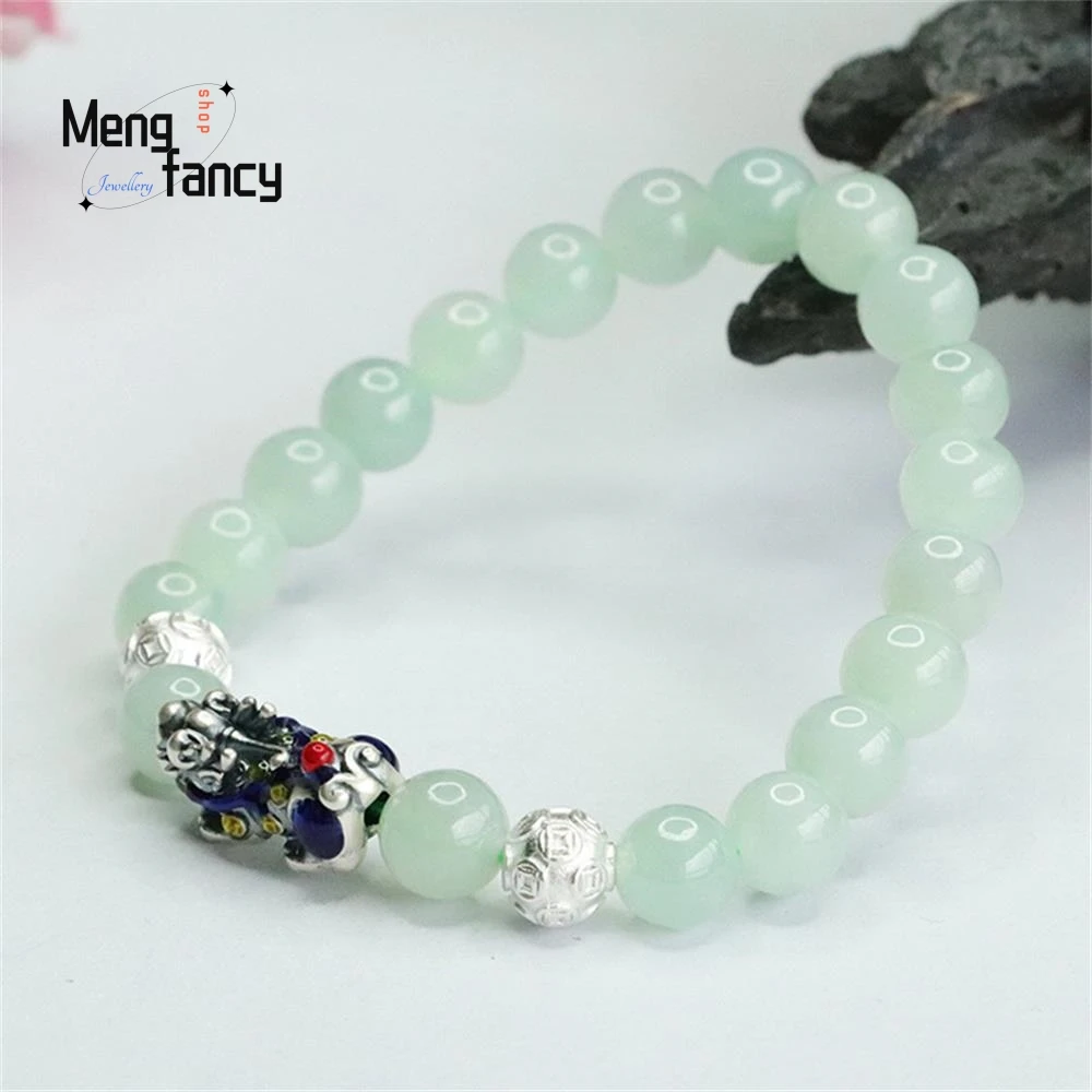 Natural Myanmar A-goods Jadeite S925 Silver Pixiu Copper Money Bracelet Exquisite Elegant High-grade Luxury Quality Fine Jewelry