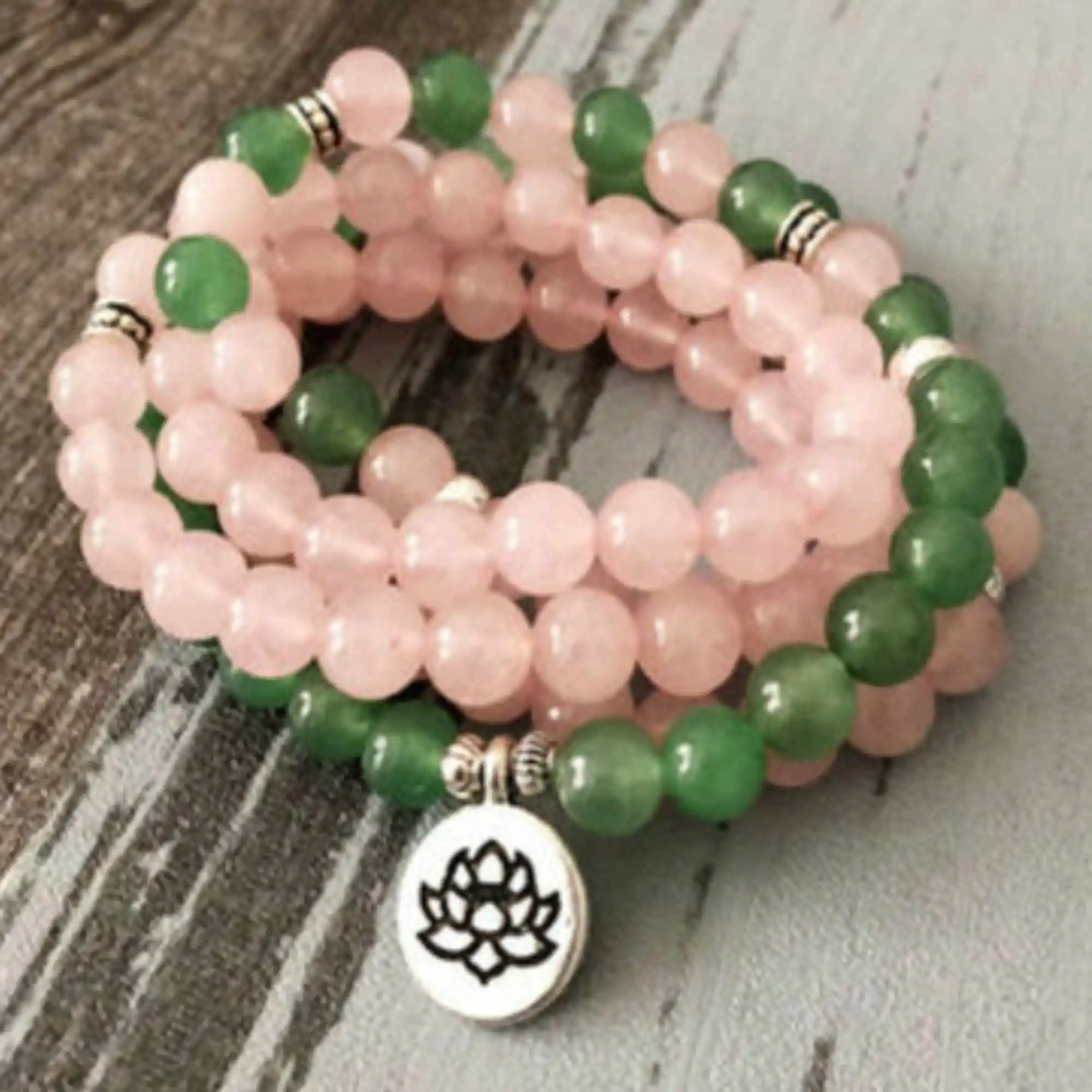 8mm Natural 108 pink quartz Light green jade beads necklace Bohemian Bangle Teens Men Men's Fragrant Mala