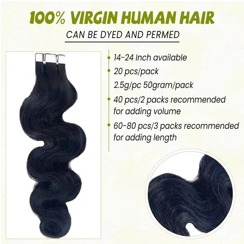 Imagen 2 del producto Cinta en extensiones de cabello humano Real, onda corporal, 100% cabello de fusión humano, 2,5g/hebra, 20 unids/lote por paquete, extensiones de cabello humano Natural 1b