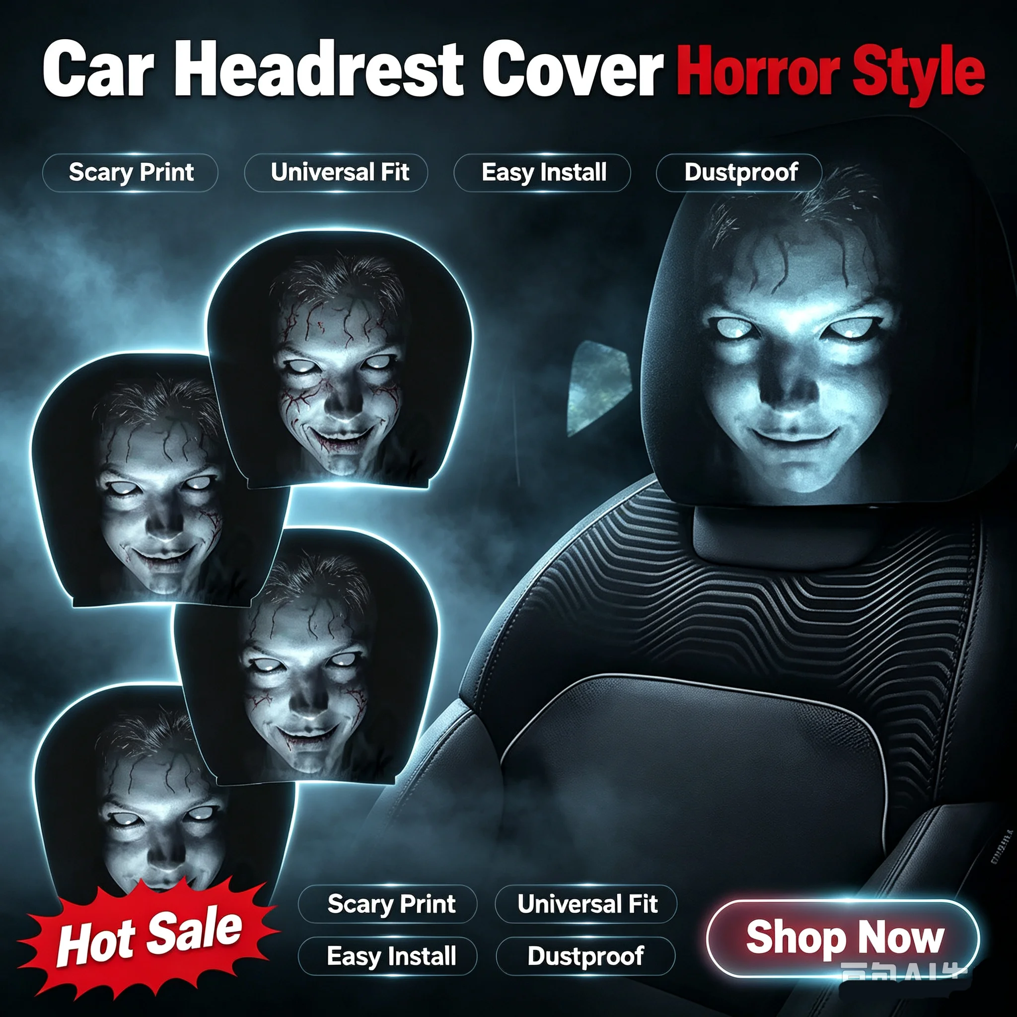 4pcs Car Headrest Covers Universal Elastic Fit Horror Theme Skull Design Funny All Occasions Seat Protectors Car Accessories
