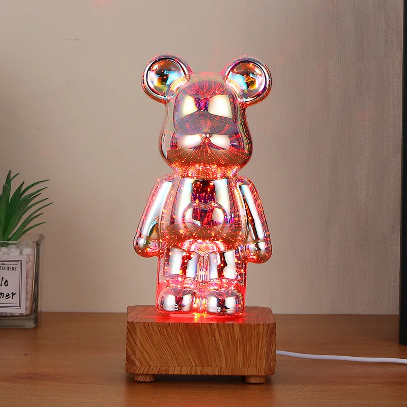 New 3D Fireworks Bear Night Light Bear Internet Celebrity Small Night Lamp Glass Bear Colorful Light Changing Household 3D LED