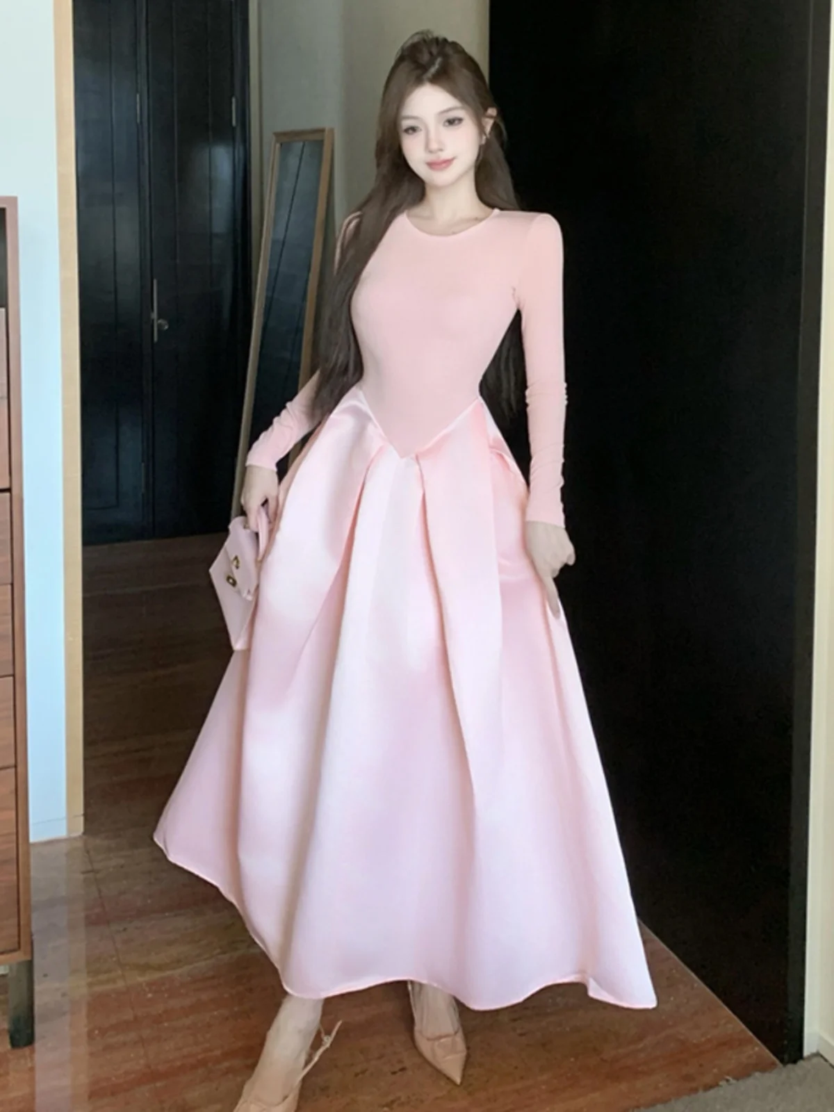 

Ele Sexy Miss Rich Girl Design Slimming Long Dr Retro Patchwork Gown Women's High Waist Invisible Zipper A-Line Dr