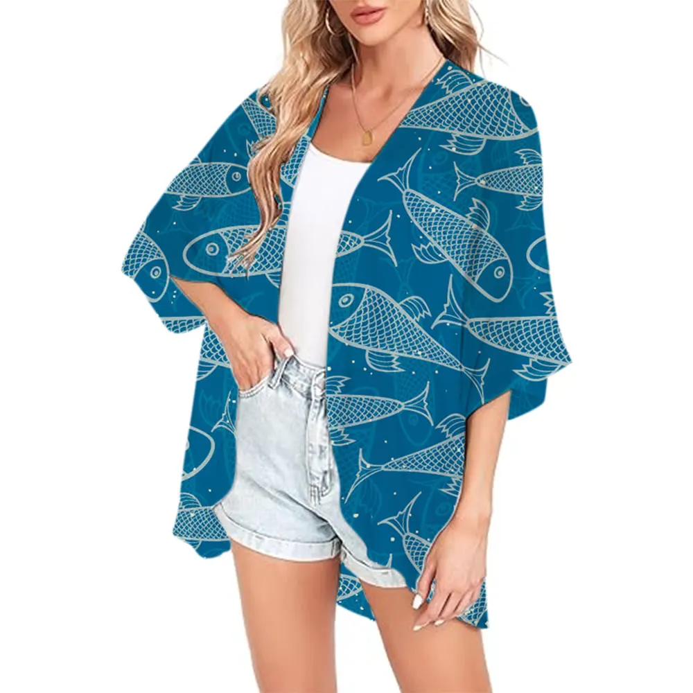 Kimono azul Ocean Series de gasa para salida en la playa, traje de baño, camisetas, Kimono de verano, cárdigan, Tops, traje de baño para mujer, abrigo 2024