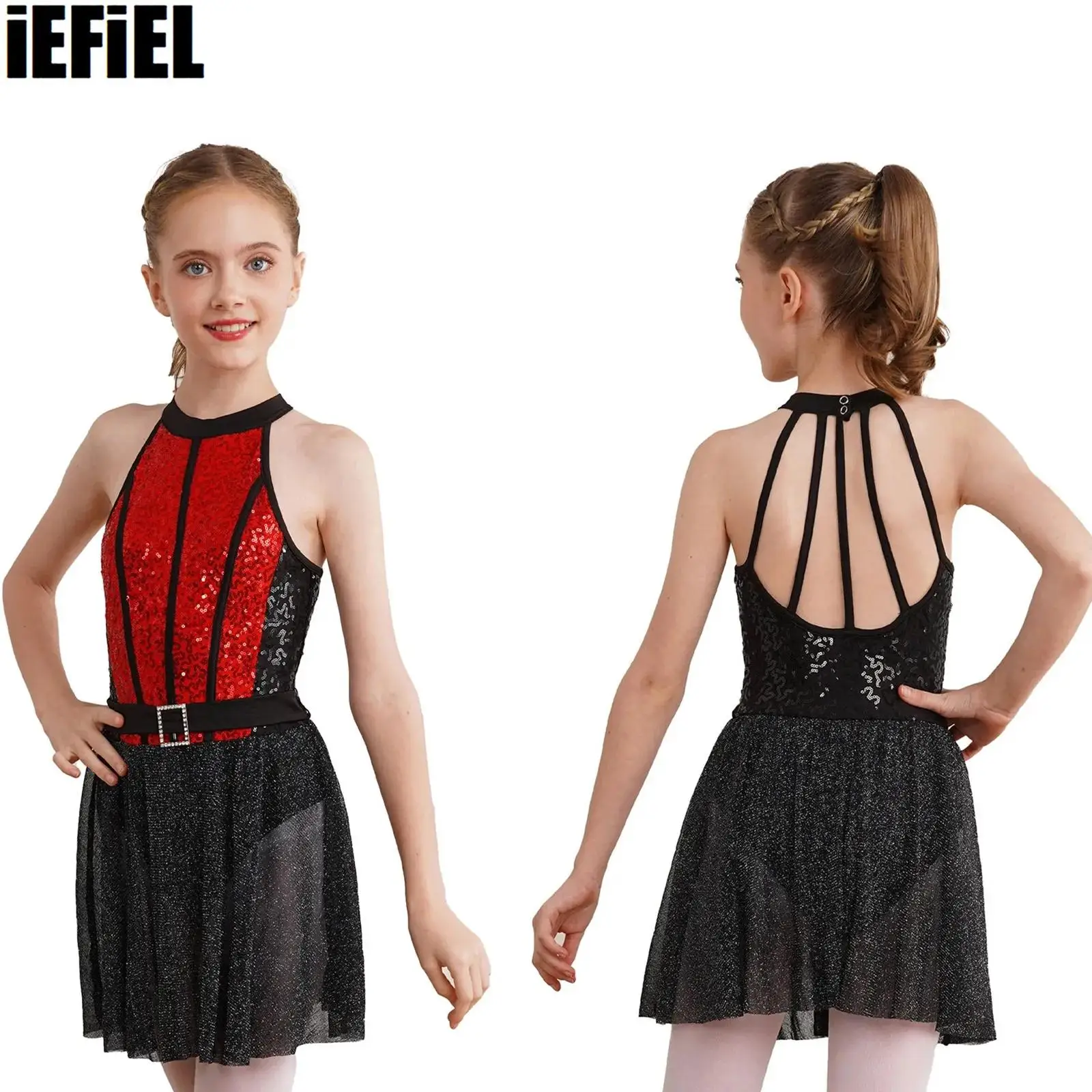 

Kids Girls Backless Jazz Dress Shiny Sequin Sleeveless Shimmery Hem One-Piece Dance Dress Dance Wear