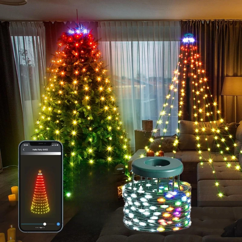 Lampu Natal LED Smart APP DIY dengan Remote Control Bluetooth, Lampu String Peri untuk Dekorasi Taman dan Pesta Luar Ruangan