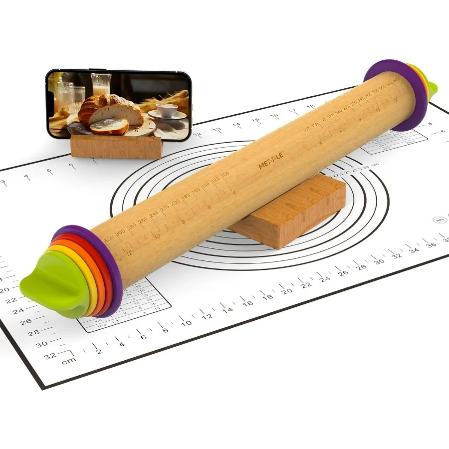 

Скалка с толщиновыми кольцами и ковриком для выпечки кондитерских изделий, регулируемая деревянная скалка 13,6 дюйма, валик для теста для выпечки печенья, пиццы