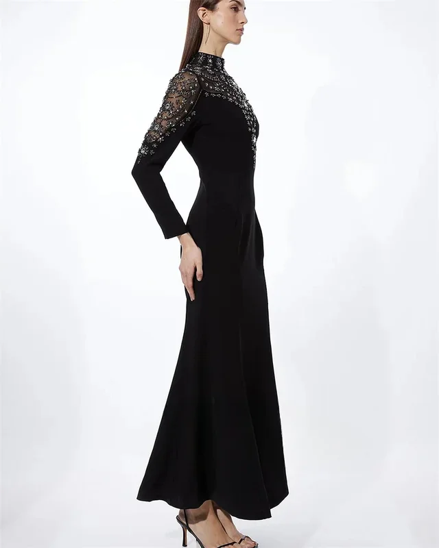 Jersey Sequined Pleat Birthday Sheath High Collar Bespoke Occasion Gown Midi Dresses