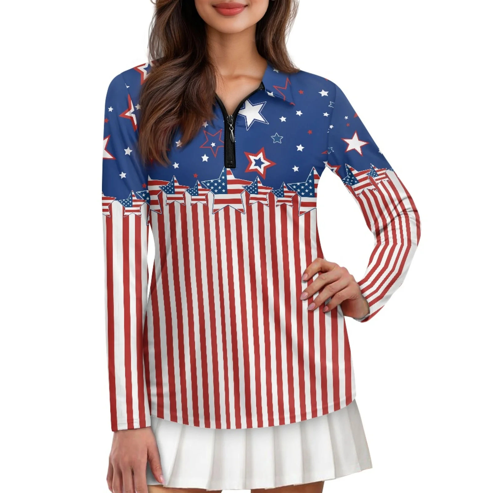 PENSTROLL Stars And Stripes Womens Long Sleeve Athletic Activewear Breathable Golf Outfits for Vacation