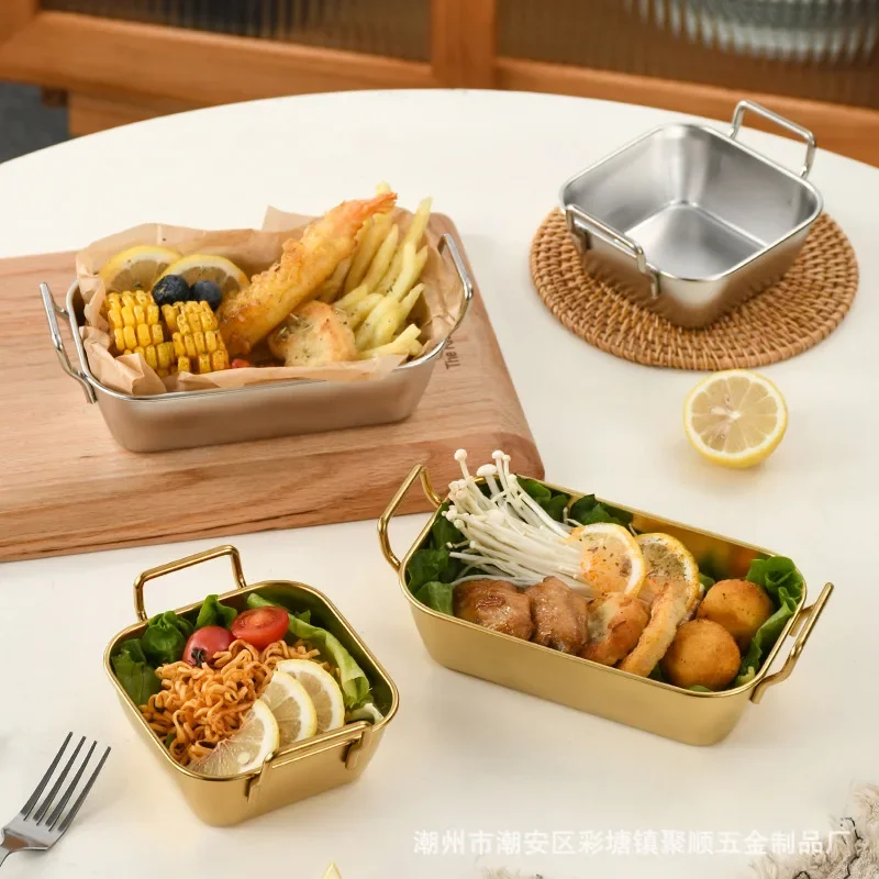 Creative Stainless Steel Thickened Snack Plate Restaurant Household Barbecue Food Storage Basket Square Two-ear Snack Basket