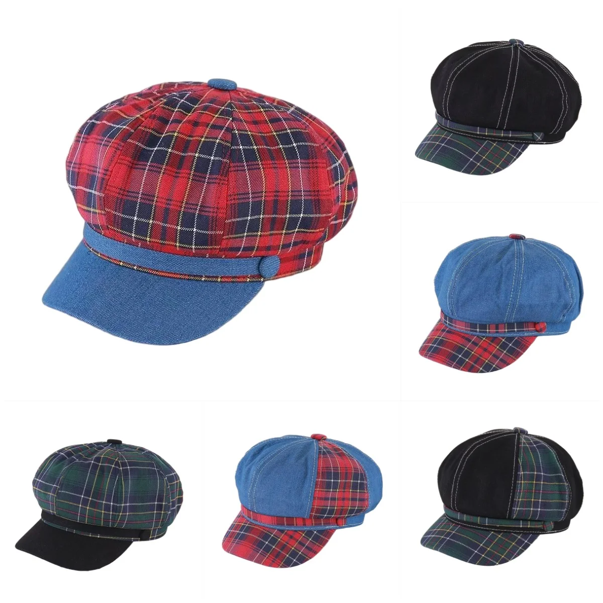 Red Plaid Painter Hat Splicing Contrasting Colors British Style Big Head Circumference Versatile Fashion Octagonal Hat