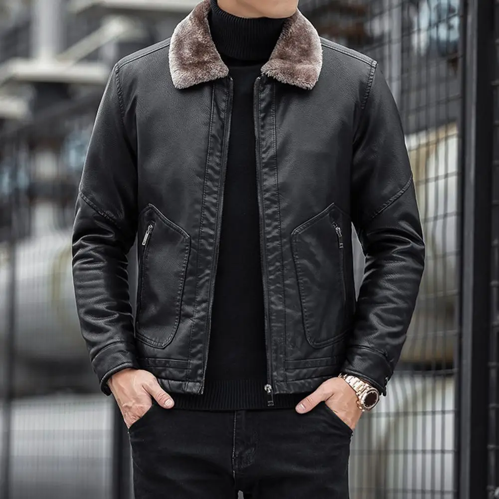 

Men Imitation Leather Jacket Stylish Men's Imitation Leather Jacket With Velvet Lining Lapel Collar Zipper Placket Solid For A