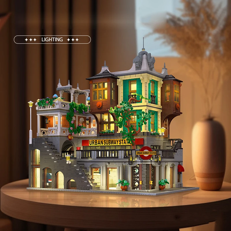 مدينة Streetscape العمارة محطة مترو السكك الحديدية الإبداعية Moc كتلة قطار مترو الانفاق عرض الشارع بناء لعبة الطوب مع الضوء #4