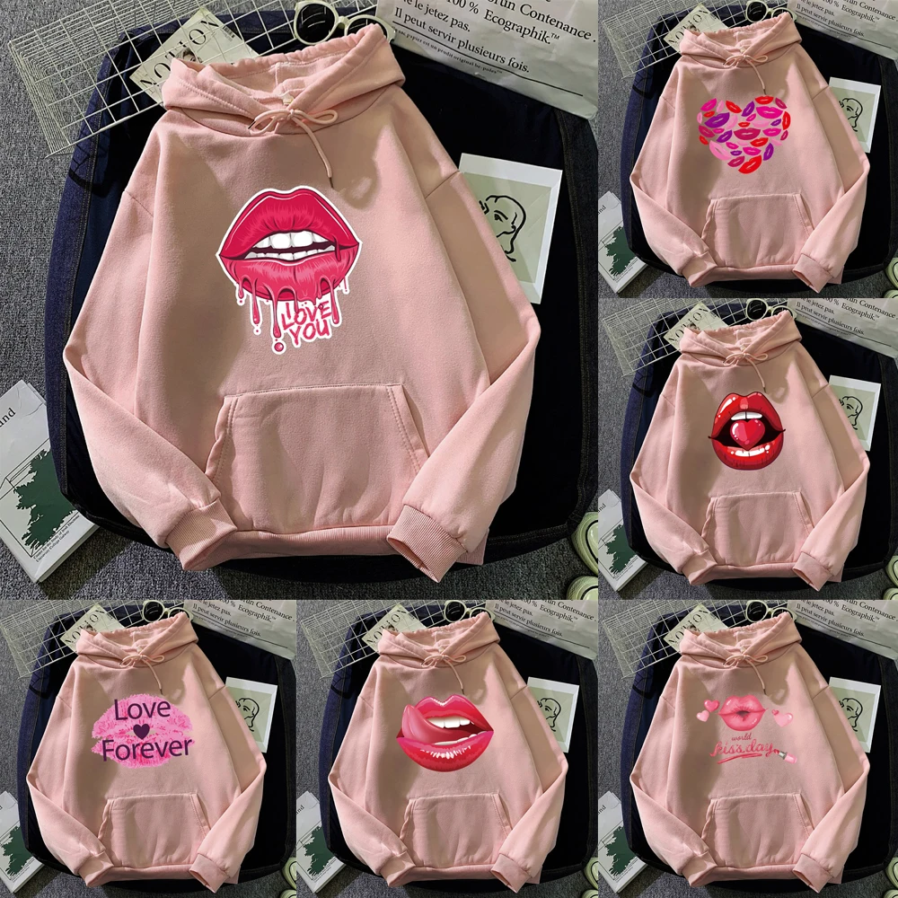 

Loose Lips Hoodie Pink Long Sleeve Top Fashion Sweatshirt Polyester Style Casual Hooded Hip Hop Sports Pullover Trend Streetwear