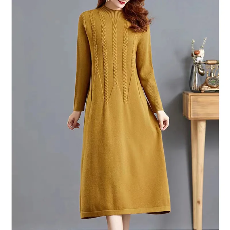 Loose Knitting Woman Clothes Half Turtleneck Warm Bottom Dress Autumn Winter Pullover Women's Sweater Mid-long Mother Clothing