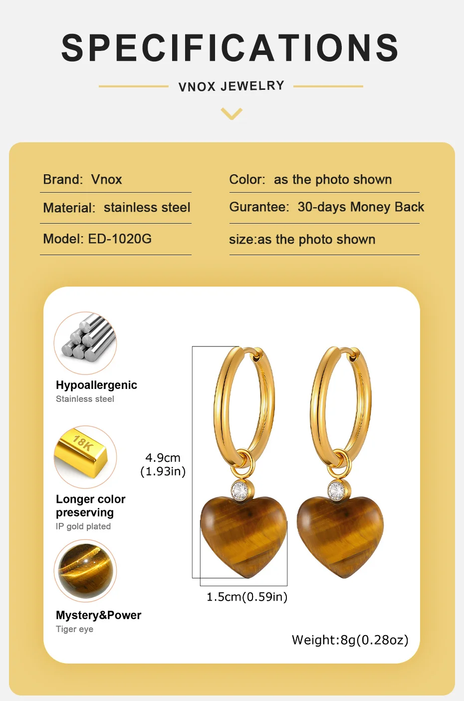 Vnox Vintage Natürliche Tigerauge Braune Ohrringe für Frauen Edelstahl Vergoldete Hängeohrringe in Herzform Trendiger Alltagsschmuck – Detail 4