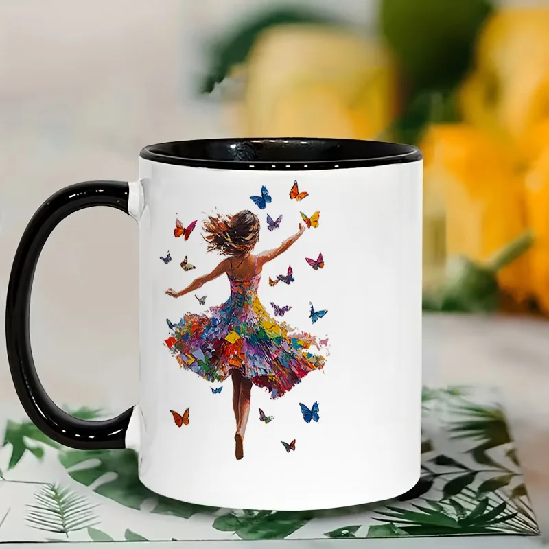 Dancing Girl Butterfly Colorful Print Ceramic Coffee Mug 11oz 350ml Personalized Custom Microwave Safe Cute Aesthetic Birthday G