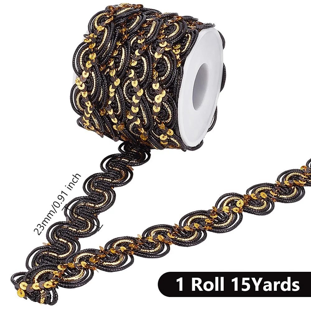 15 Yards Sparkle Polyester Lace Ribbon Wave Edge Lace Trimming with Paillette Clothing Accessories Black 7/8 inch(23mm)