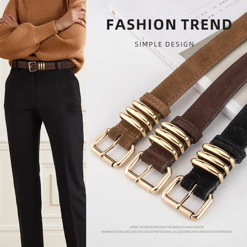 

Wholesale High Quality Suede Leather Waist Belts Street Casual Plain Navy Blue Green Grey Cowskin Strap Waistbands Cinturones