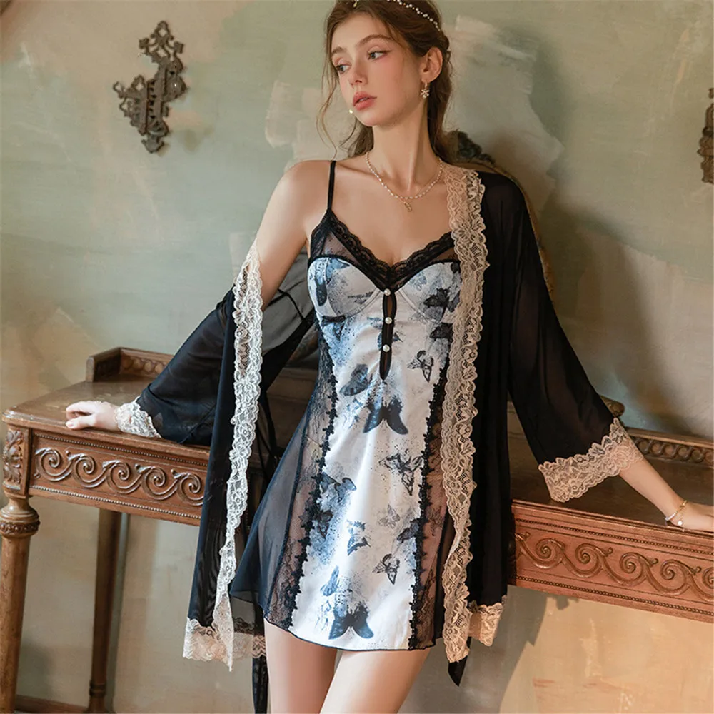 

Сексуальный комплект: кимоно-халат из сетки и пижама с принтом бабочек, атласный домашний костюм для женщин, невест, свадебный наряд