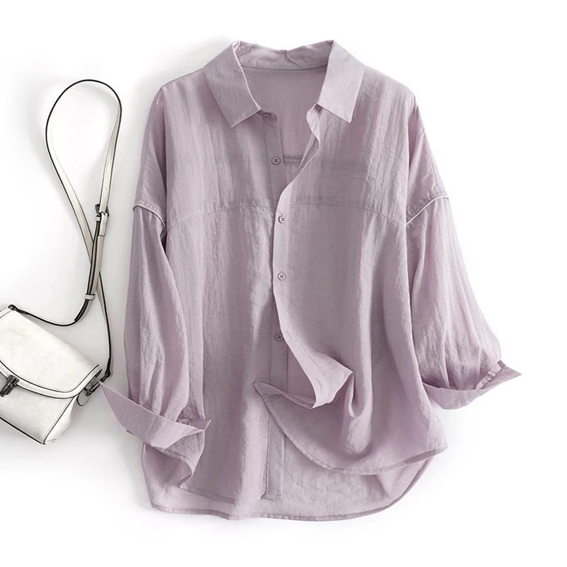 

Легкая женская летняя повседневная рубашка из шелка с длинным рукавом, защитой от солнца, дышащая, свободного кроя, на пуговицах