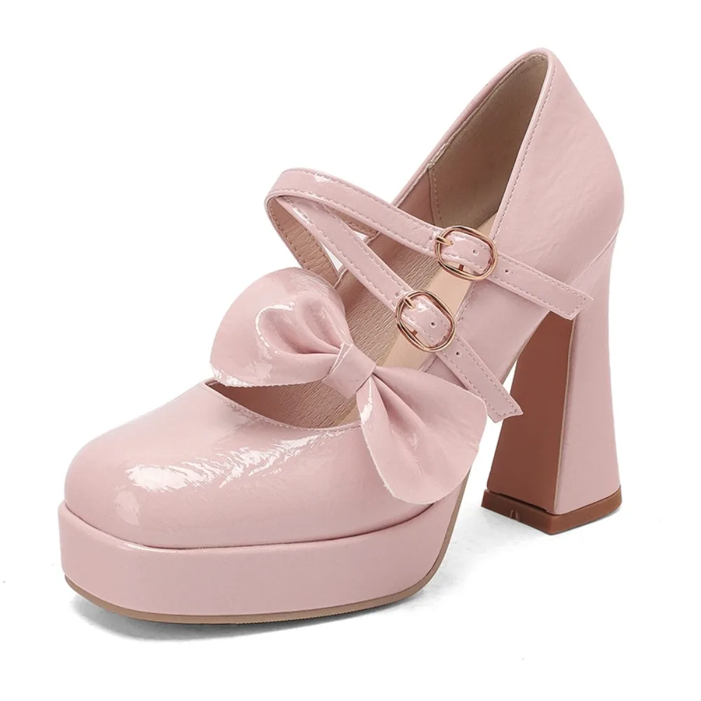 

High Heels Women Sweet Fashion Bowknot Square Toe Cross Buckle Strap Party Dress Wedding Bride Platform Shoes Big Size 45 T87