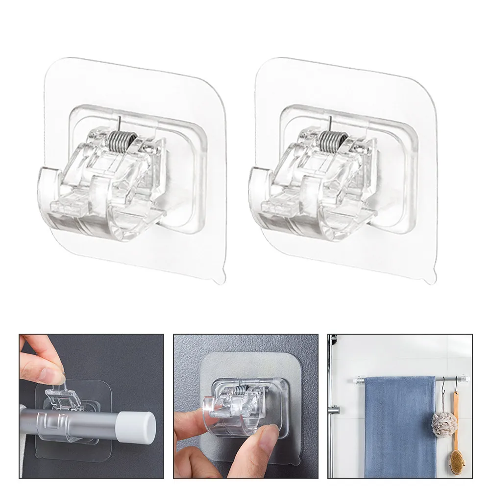 Curtain Rod Hooks 2 Pack Tool Free Self Adhesive Wall Mount Clamps for Telescopic Rods and Shower Curtains