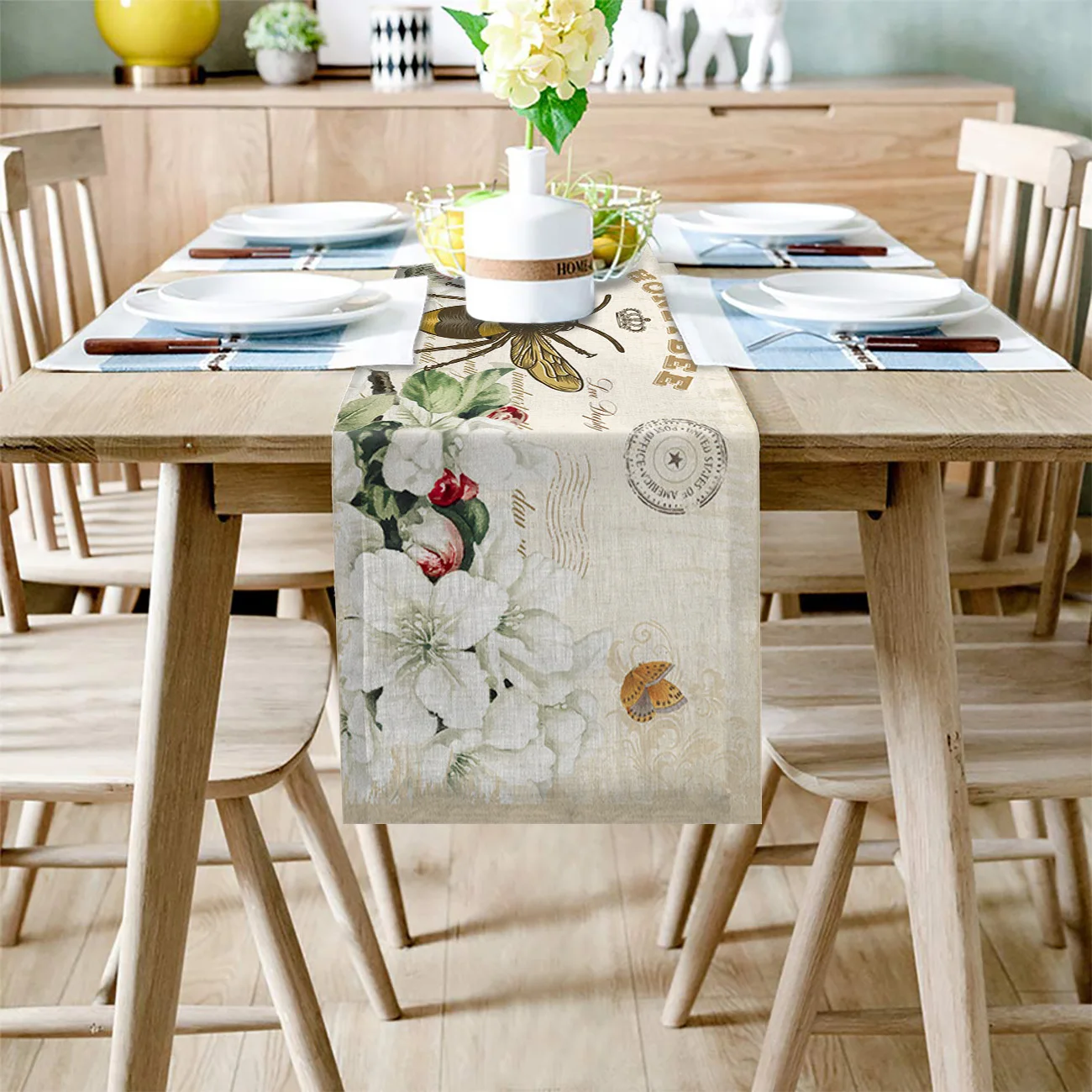 Bee Azalea Retro Flower Vintage Letters Linen Table Runner Kitchen Table Decoration Dining Tablecloth Wedding Party Decor