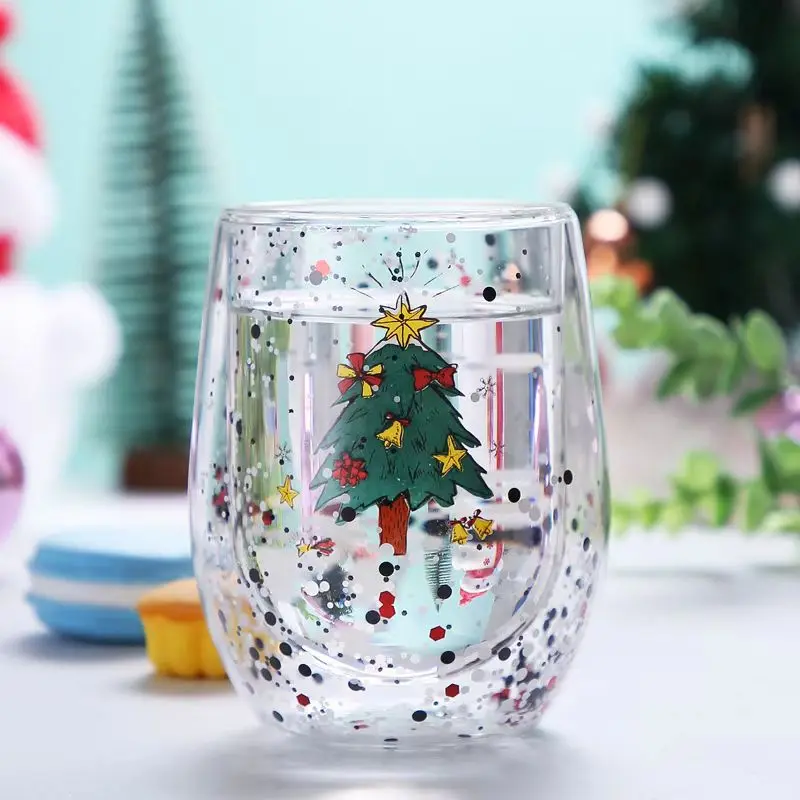 300ml Heat-resistant Double-layer Glass Cup with Flowing Sequins Christmas Cup Cute Cartoon Snowflake Christmas Tree Milk