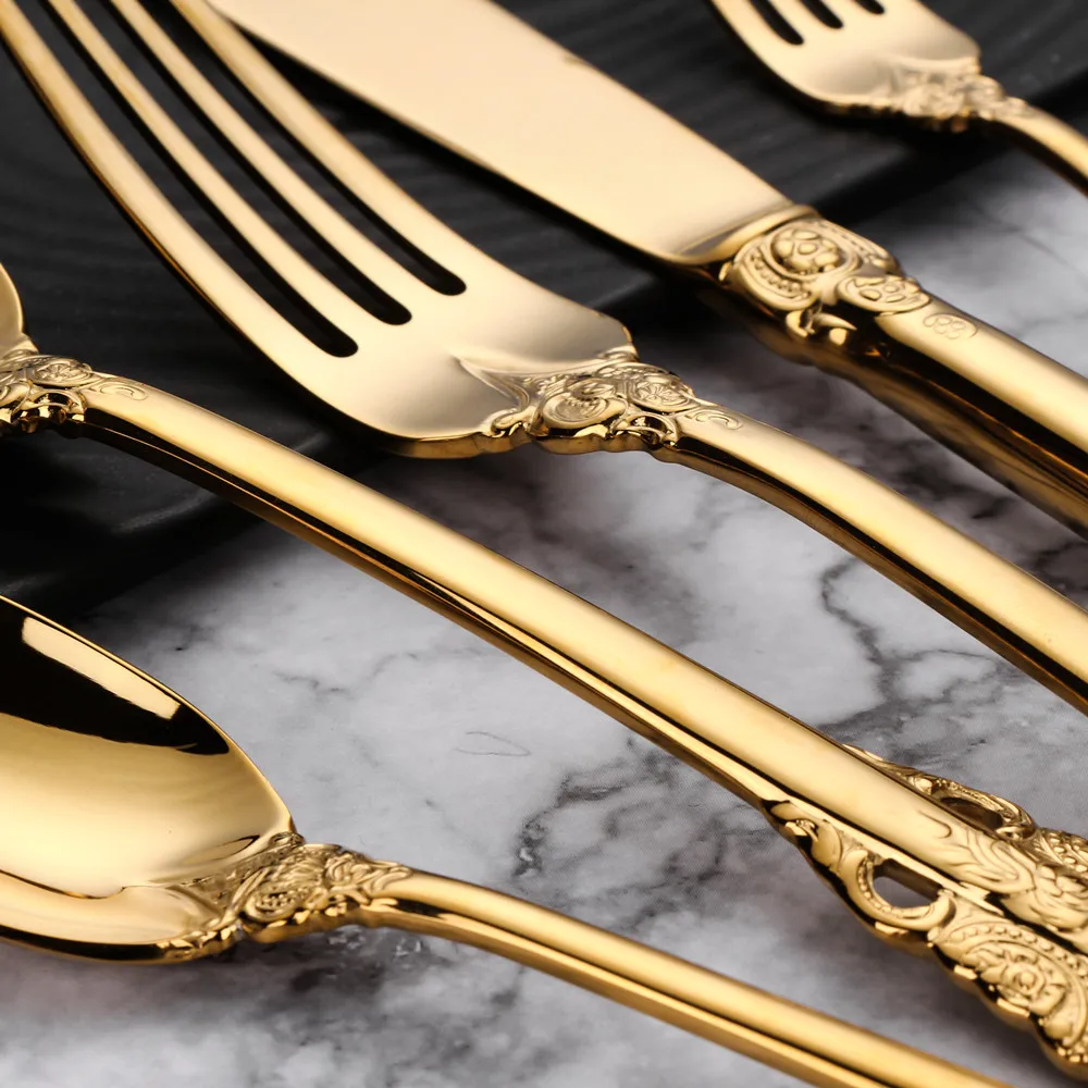 Gorgeous Glossy Gold Flatware Set, Antique Silverware, Stainless Steel Copper Cutlery, Serving Utensil Knife Fork Spoon