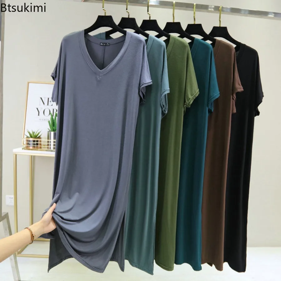 New 2026 Summer Women's Modal Short Sleeve Nightdress V-Neck Thin Style Base Dress Loose Slit Knee-Length Long Skirt for Women