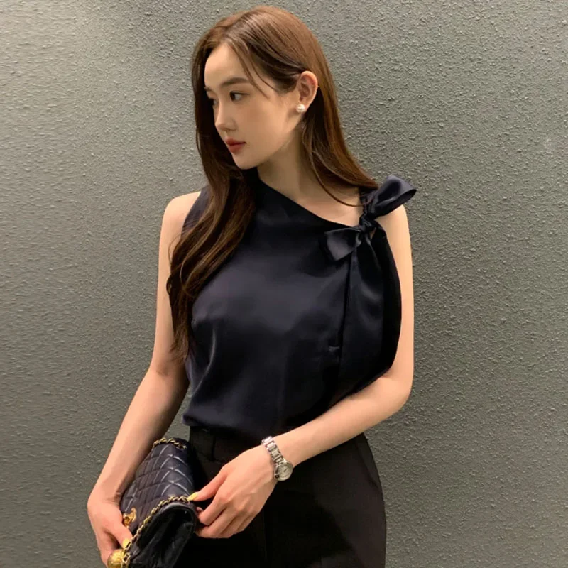 Neploe Chic Simple Temperament Blouse Femme Irregular Neckline Tie Bowknot Design Blusa Glossy Solid Color Sleeveless Shirt