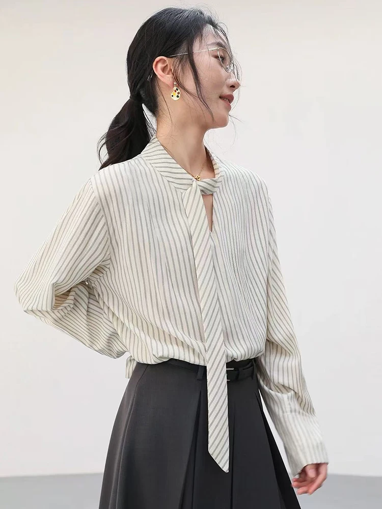 

Zoki Elegant Lace Up Striped Blouse Women Fall Chic Hollow Out Long Sleeve Sweet Shirt Korean High Quality Loose Fashion New Top