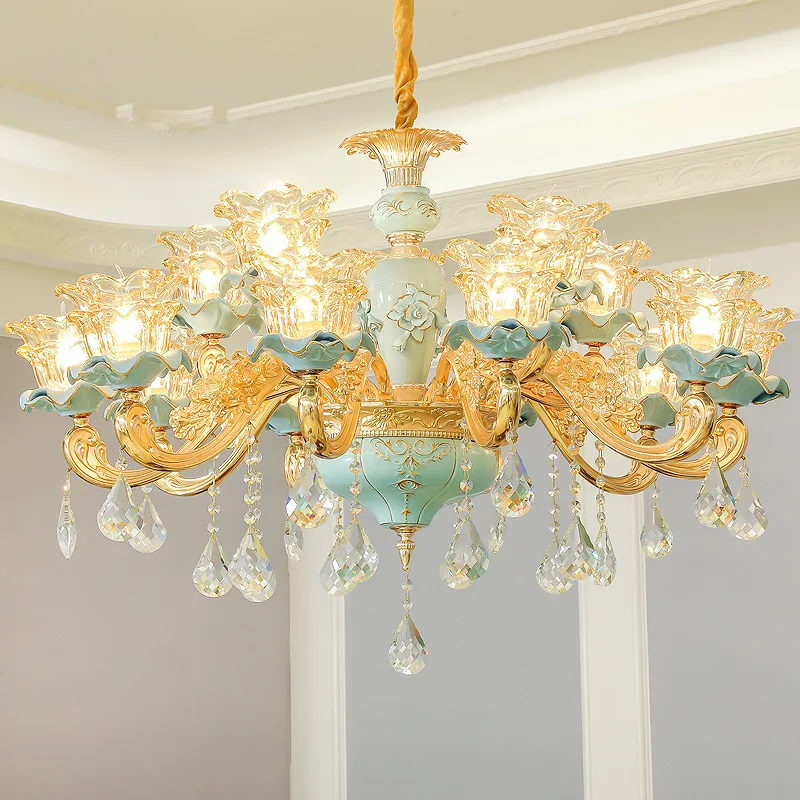 

European Style Living Room Crystal Pendnt Lamp Dining Room Cozy Bedroom Lighting Luxurious French Countryside Ceramic Chandelier