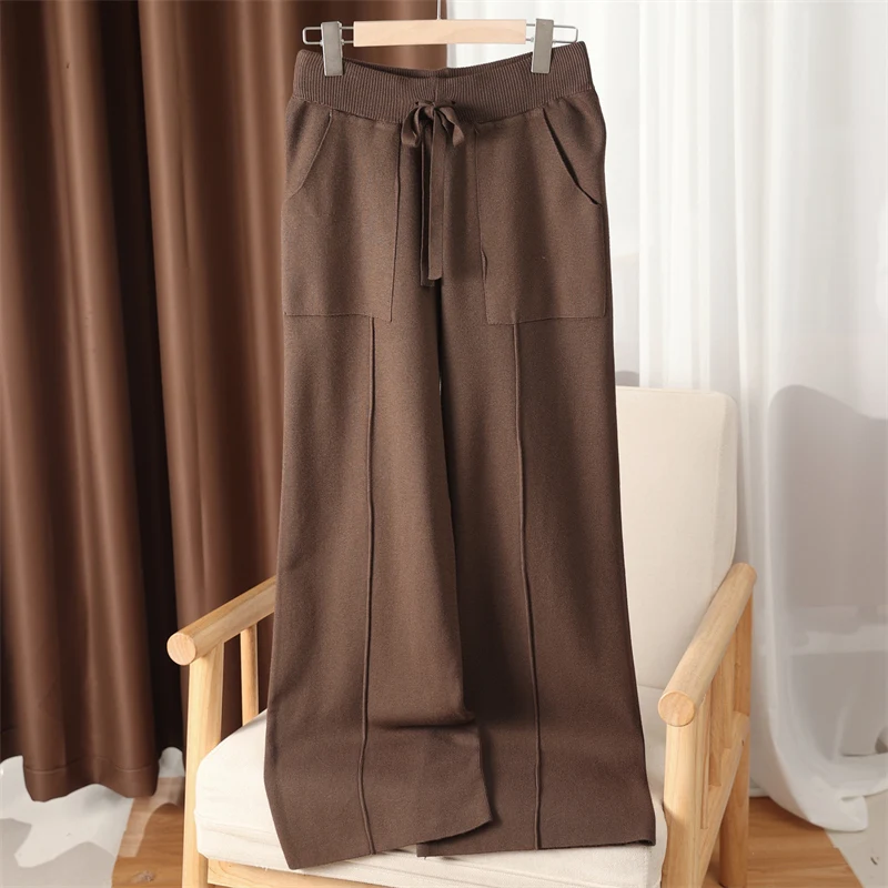 

New Knitted Woolen Wide Leg Pants for Women, Fashionable Outerwear Pants with Design Sense, Straight Through Casual Pants