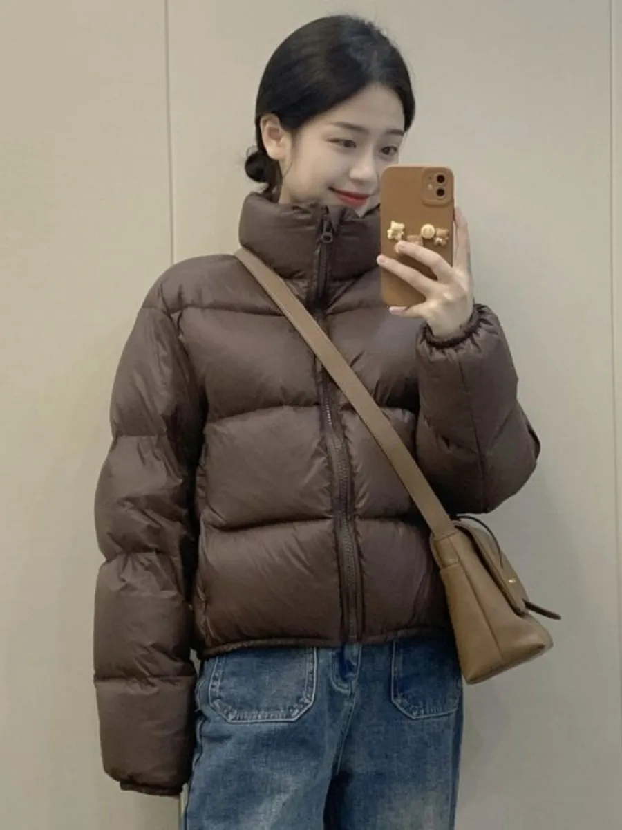 

Kendall Jenner Style Short High Waist Puffer Jacket Women's Spring Autumn Winter Fashion Stand Collar Coat with Ear Muffs