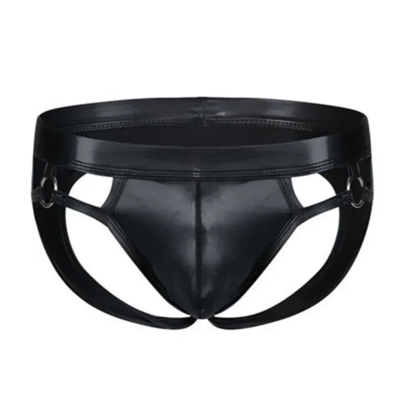 1Pc Black Men\'s PU Leather Briefs G-Strings Lingerie Underwear U-convex Pouch Thongs Low Waist Panties Male Underpants