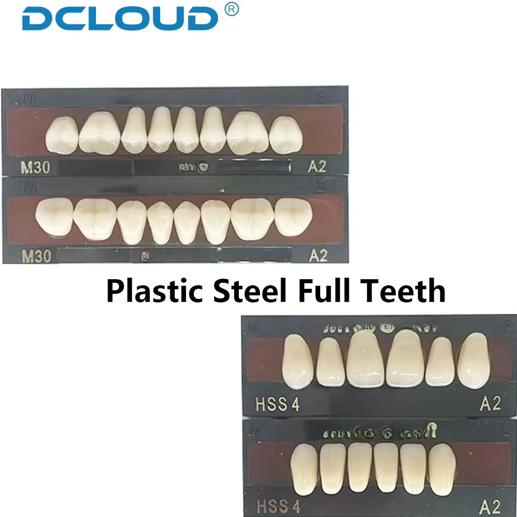 DCLOUD 28 Teile/schachtel Dental Harz Zahnersatz Vollen Satz Falsche Zähne Volle Mund Zahnersatz Oberen Unteren L/M/S Kunststoff Stahl Zahn A2 A3