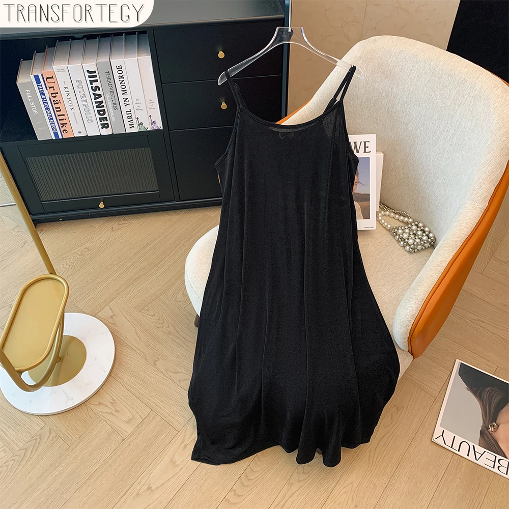 

Plus-size ladies summer casual commute loose comfortable slip dress Black simple sexy style A-line sleeveless long dress large