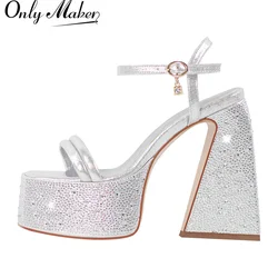 Onlymaker Women Sliver Rhinestone Platform Sandals Square Toe Chunky Heel Party Dress Female Summer  Sandals