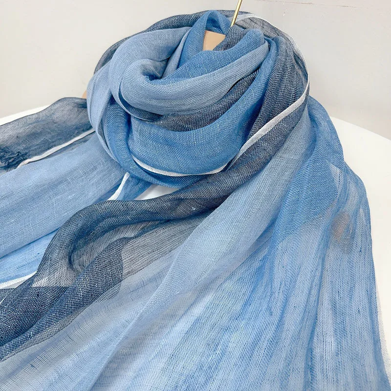 100% Linen Solid Color Mens' Scaves Blue Striped Summer Spring Shawls With Tassels 50*180cm