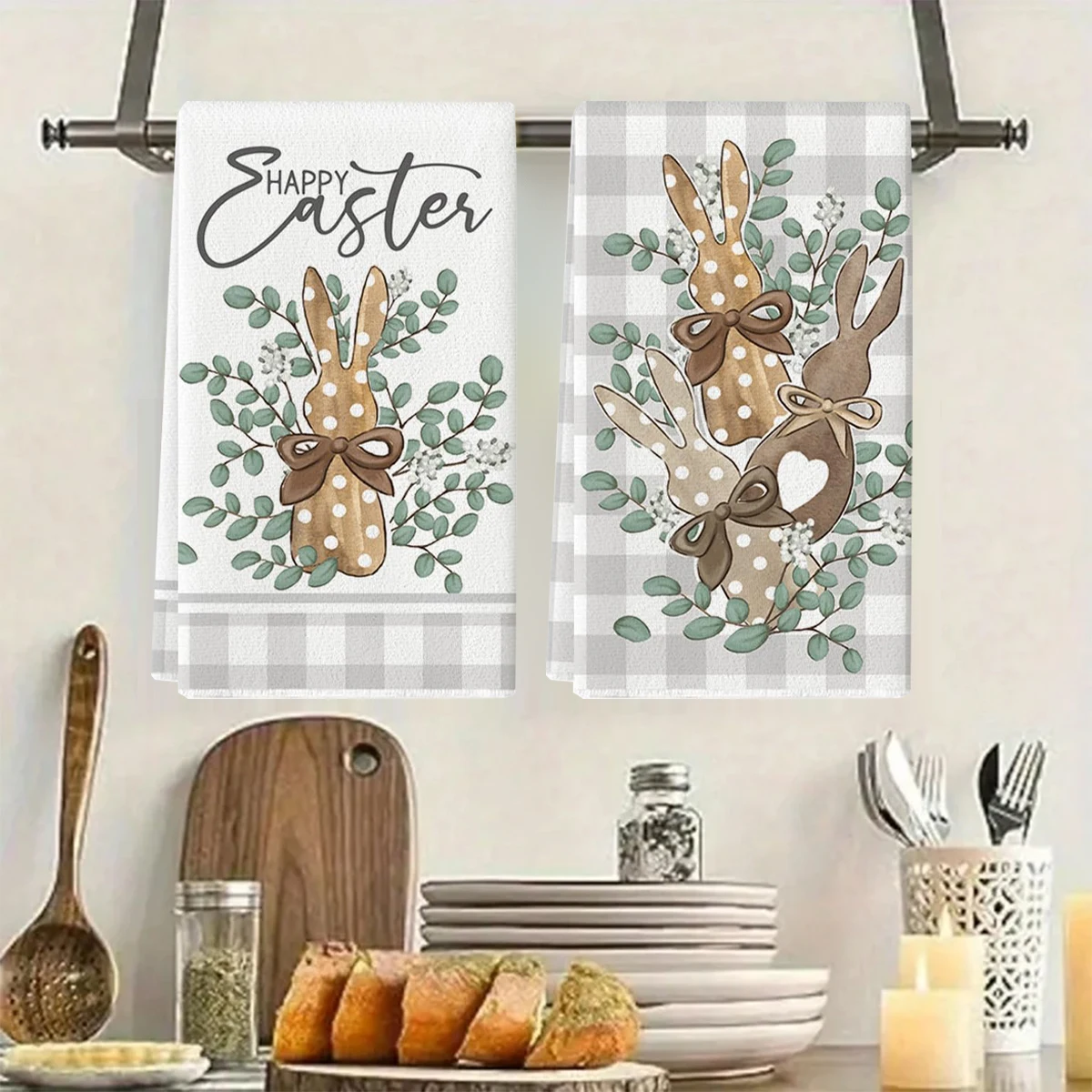 Bunny Print Dishcloth Easter Bunny Pattern Dish Towel Quick-drying Kitchen Towel for Home Decoration Spring Holiday for Kitchen