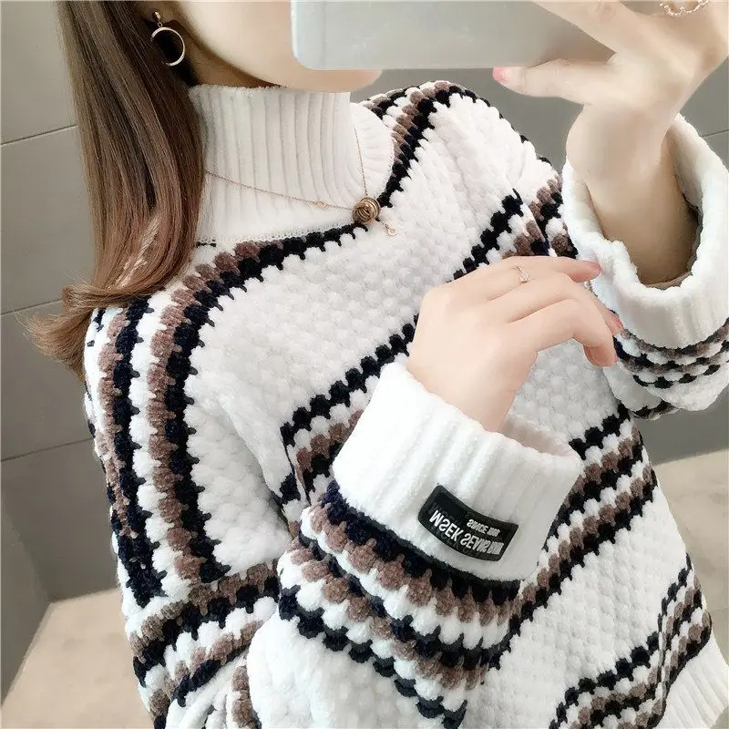 Women\'s Loose Fit Long Sleeve Sweater Solid Color Pullover High Neck Spliced Stripes Casual Tops Fashion Autumn Winter