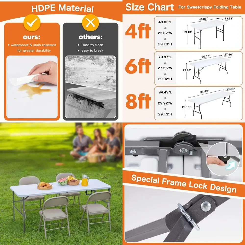 

Портативный складной стол из прочного пластика для использования на улице и в помещении с ручкой для переноски, идеально подходит для кемпинга, пикников и вечеринок.