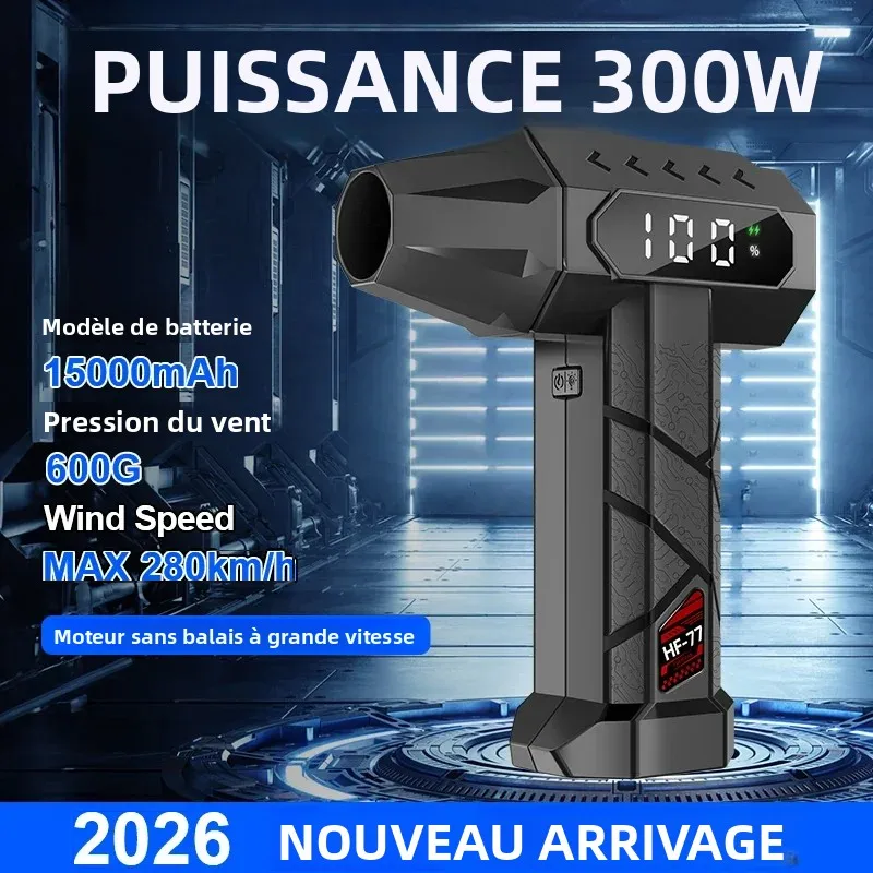 Ventilateur turbo 15000mAh, 5 vitesses réglables, souffleur d'air puissant, environ 600g de poussée, dépoussiéreur à air comprimé pour séchage de voiture/nettoyage domestique