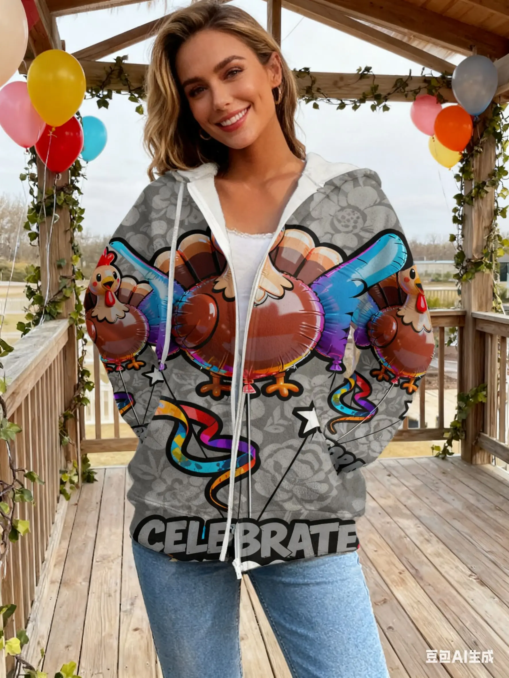 

Thanksgiving Turkey Balloon 3D Full-Print Hoodie: Colorful Festive Turkey Balloons & ‘CELEBRATE’ Design for Holiday Vibe