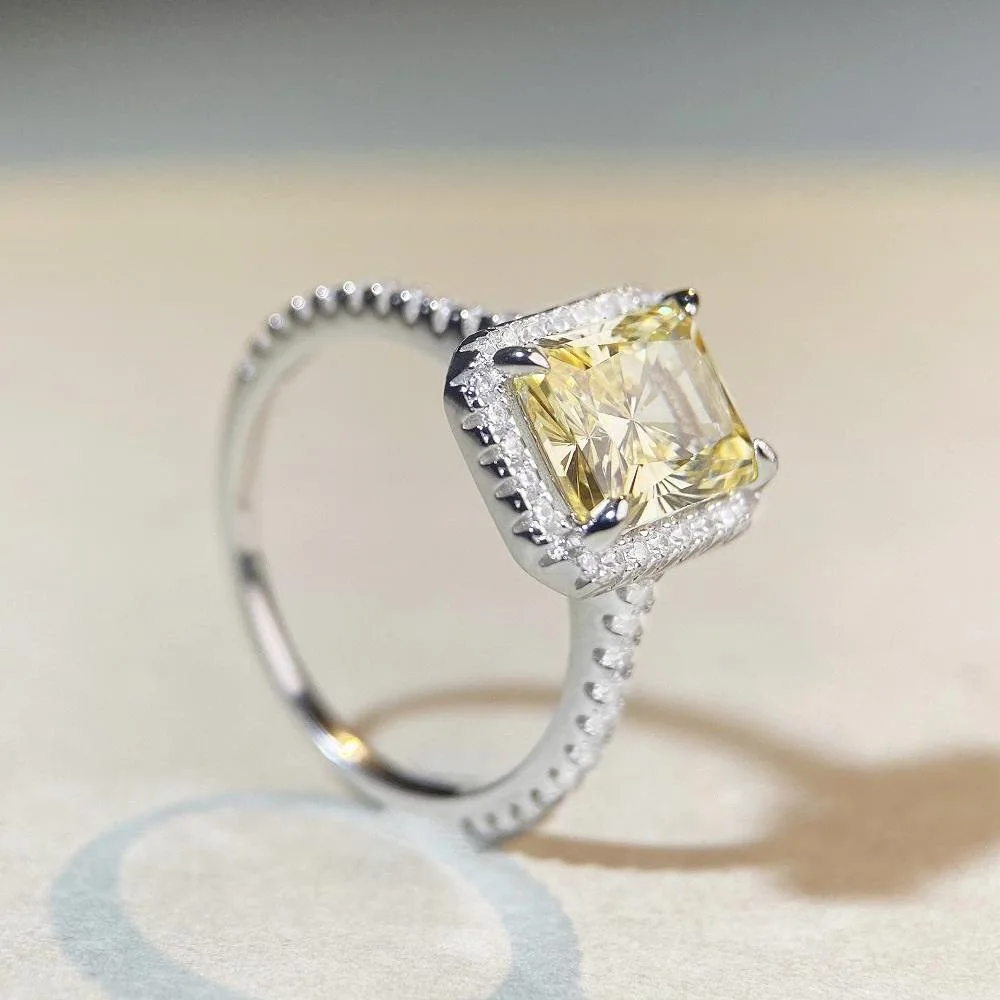 Independent website best-selling PT950 platinum yellow diamond ring, Radiant Cut ice flower zirconia gemstone diamond ring