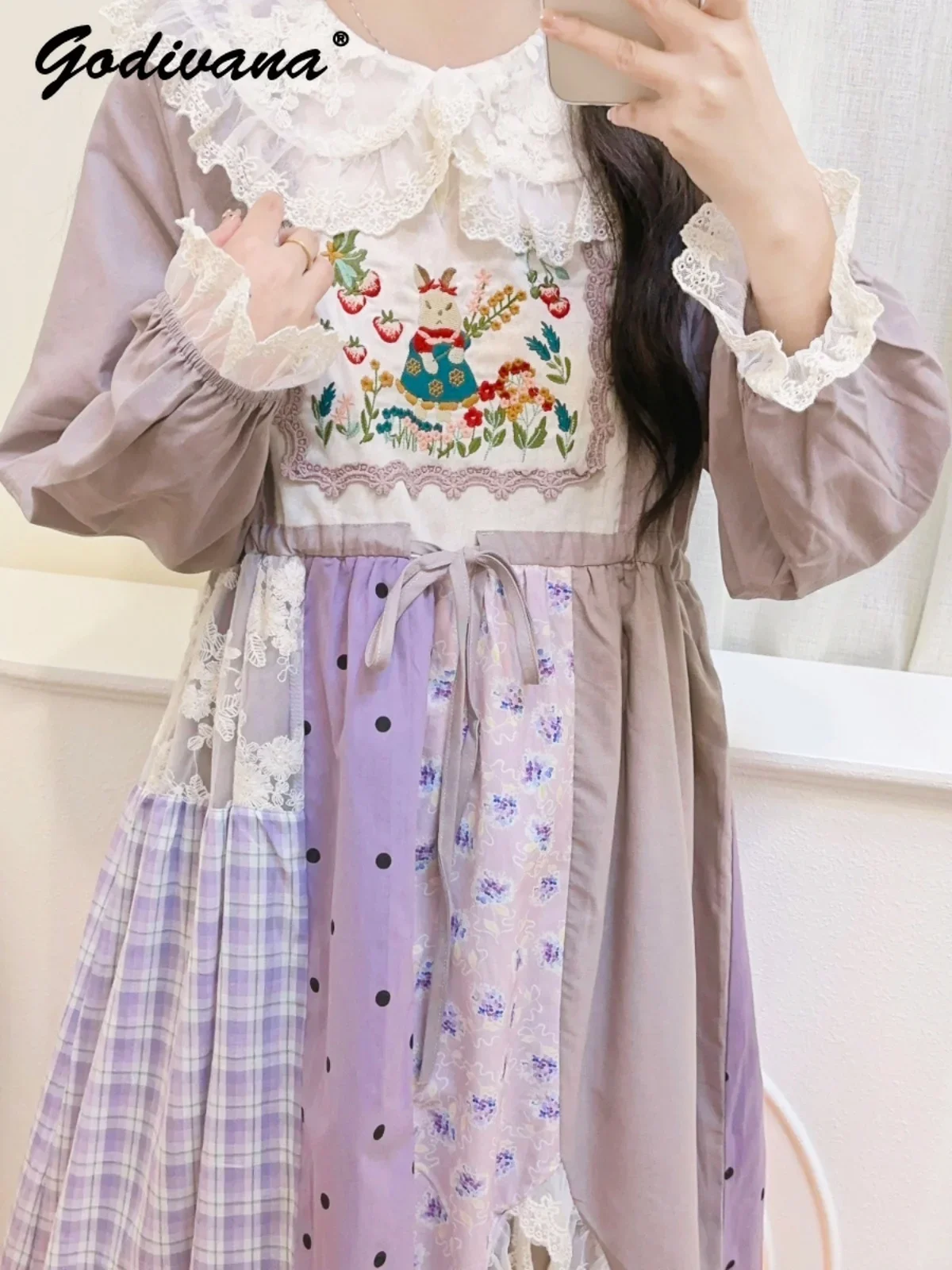 

Mori Girl's Sweet Purple Floral Patchwork Lace Spring Dress New Doll Collar Embroidered Loose Long Dress Female