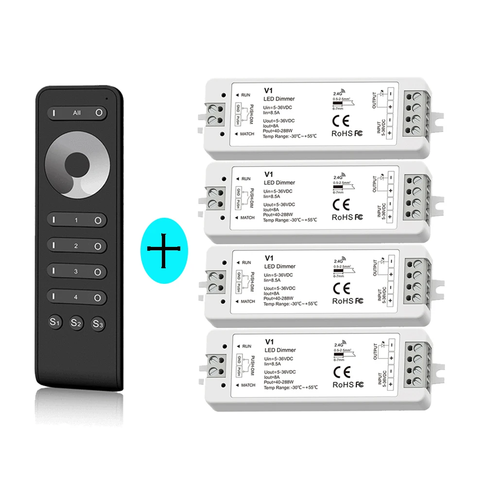 4 Zone Dimming V1 Single Color LED Dimmer DC 5V 12V 24V 36V Push Switch 13-Key Touch Wheel RF 2.4G RS1 Wireless Remote Control