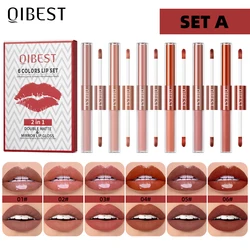 QIBEST Double-head Matte Velvet  Liquid Lipstick Long Lasting Non-Stick Cup Nude Mirror Lipgloss For Women Lips Makeup Cosmetics