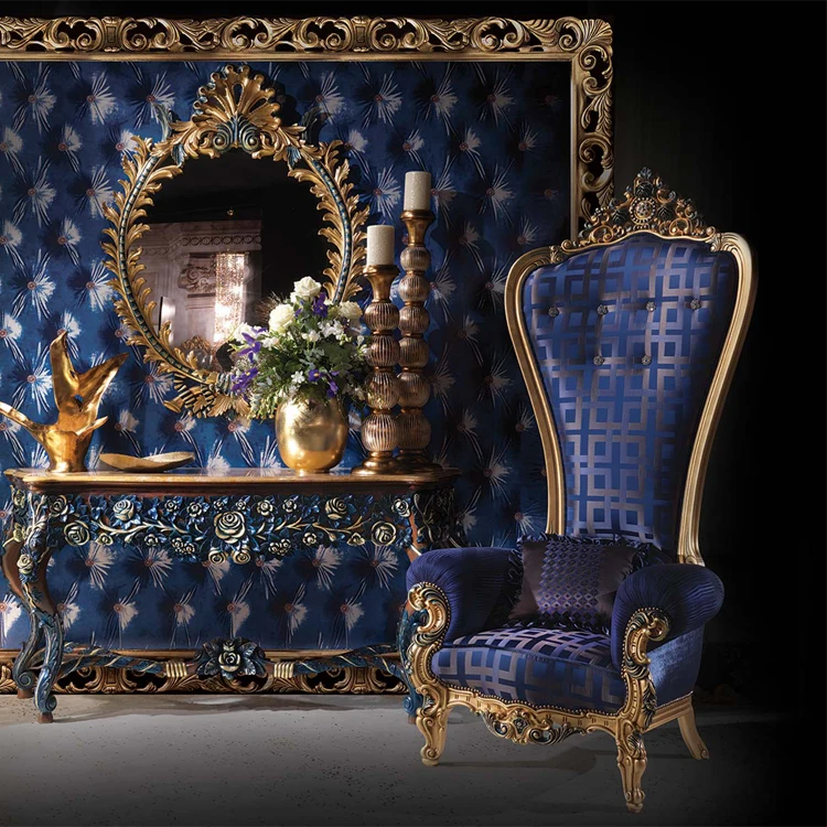 #High End Classic Luxury Wooden Thrones With Blue Fabric for Banquets Weddings Events Factory Wholesale Decorative Chairs
